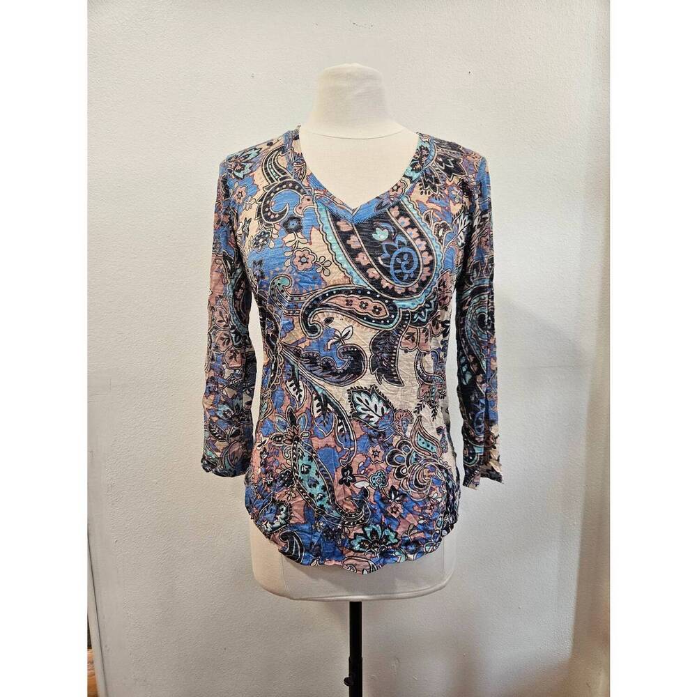 NEW DAVID CLINE women's paisley printed v-neck top in blue multi